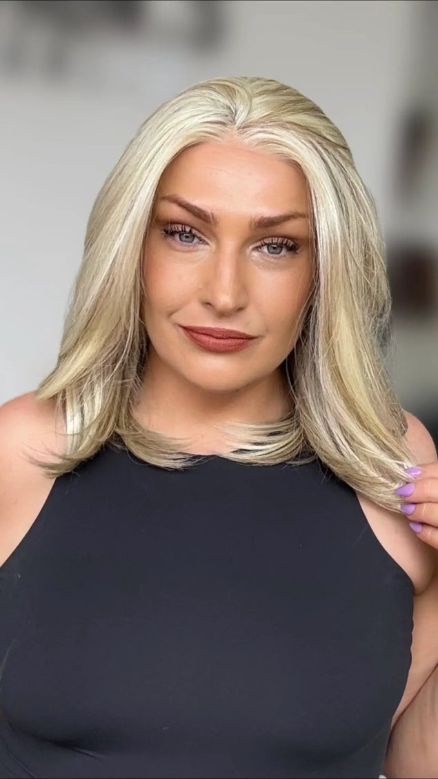 petite size, long bob light highlighted warm blonde hair with light layers. natural looking hairline with our glueless lace front cap design.