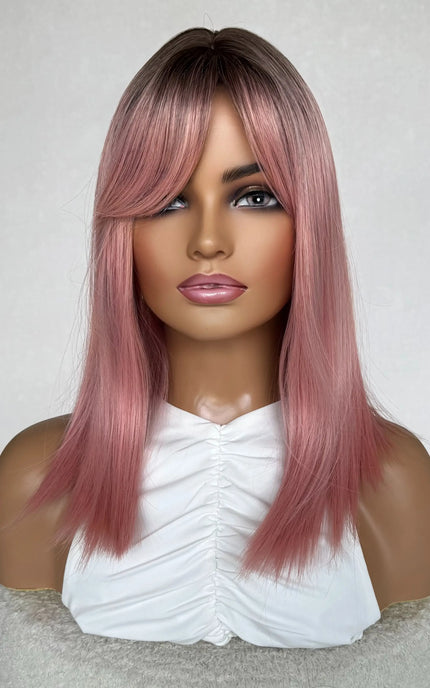 straight pink ombre hair fringe wig heat safe
