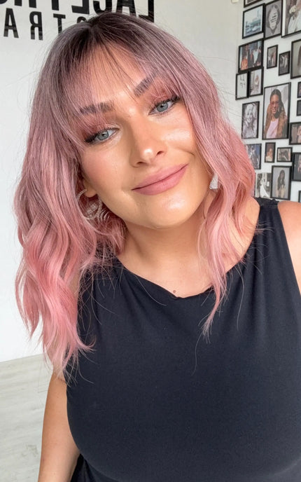 middle part with fringe, wavy hair synthetic wig, gluless wig heat safe and glueless.