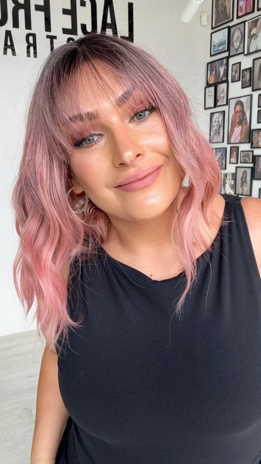 middle part with fringe, wavy hair synthetic wig, gluless wig heat safe and glueless.