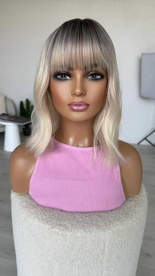 fringe wig platinum ombre dark root, middle part.