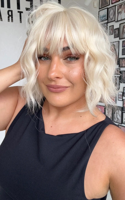 synthetic fringe topper platinum white blonde, wavy 10 inch bob.