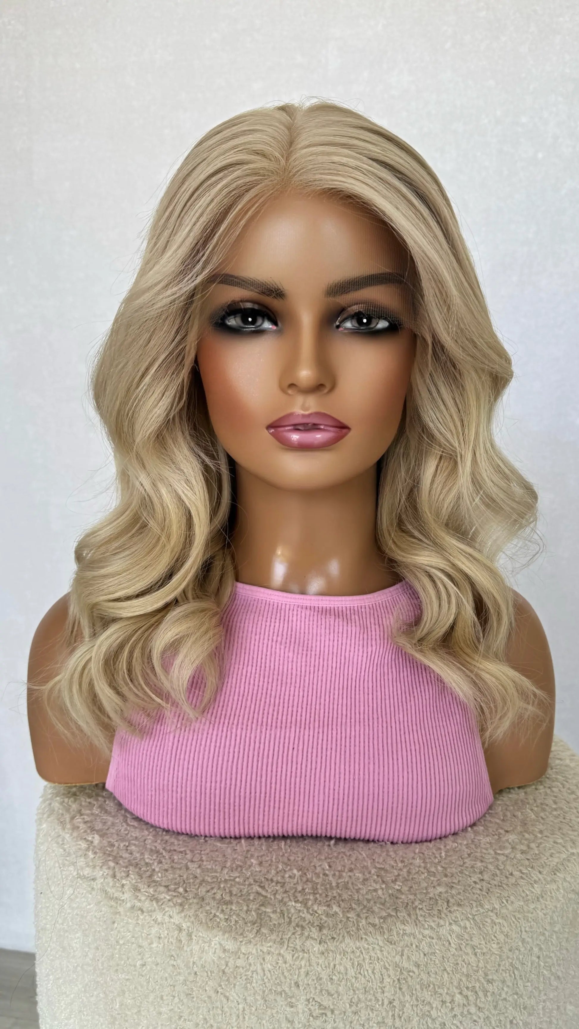 elsa wig, lacefront human hair wig, platinum blonde with gold undertones, changable parting.