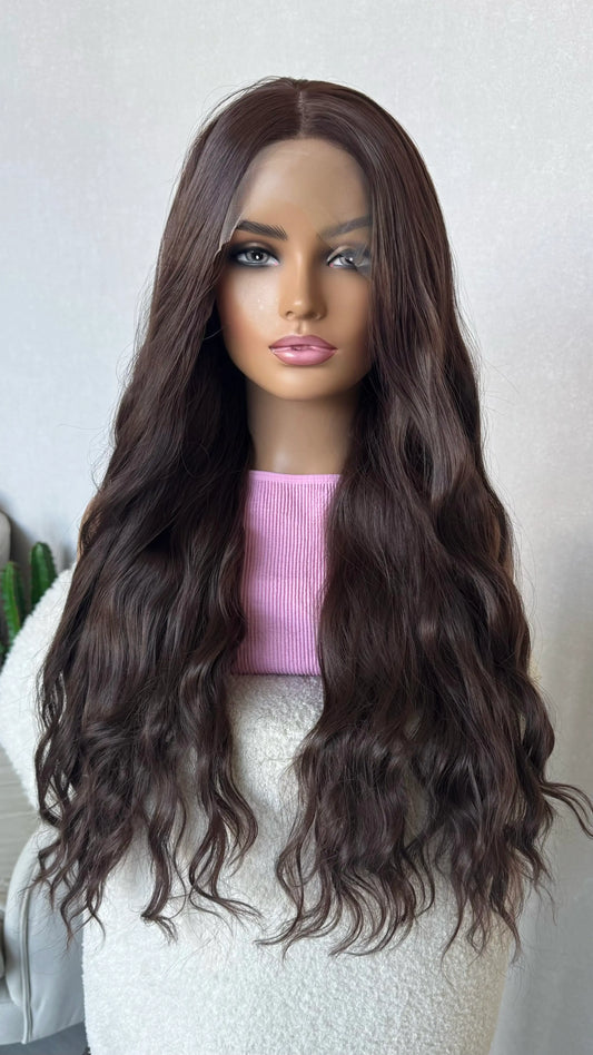 plum lacefront wavy wig middle part, heat safe hair.