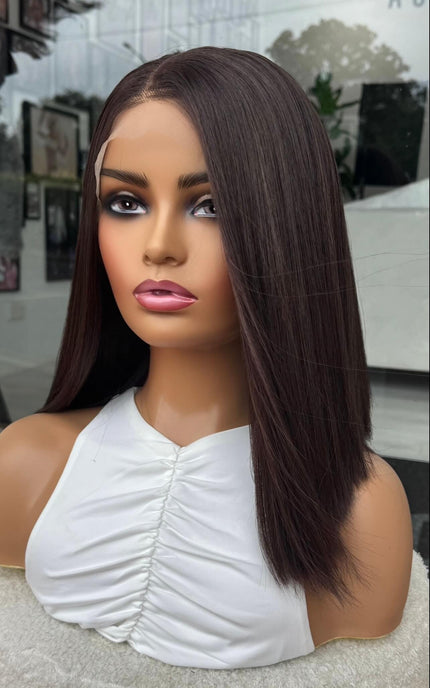 brunette wig from the side on, showing straight dark brunette hair, silky hair. lacefront wig. 