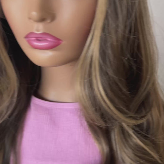 jessies girl- lacefront synthetic glueless wig australia, dark brown hair with highlights throughtout.