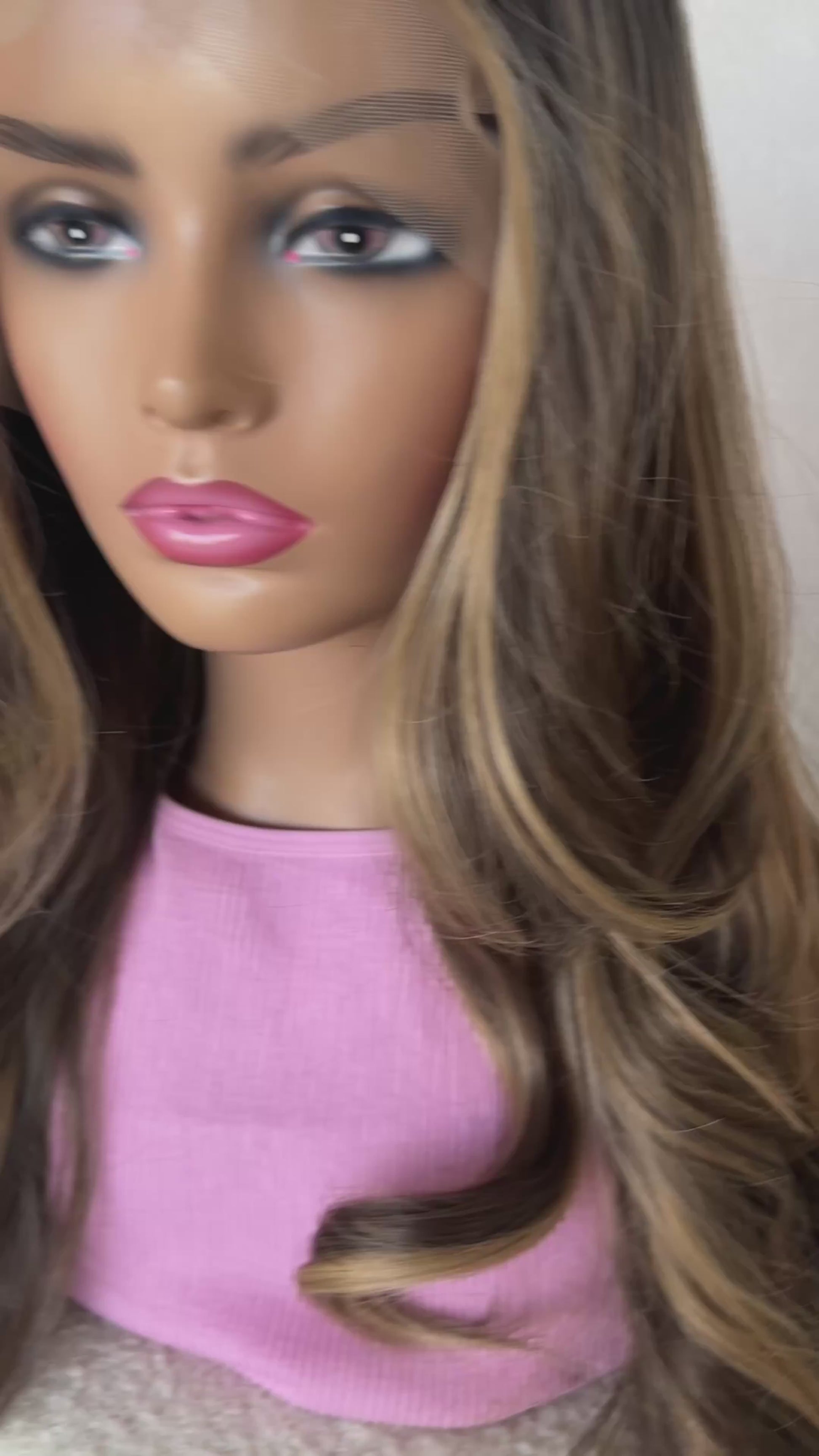jessies girl- lacefront synthetic glueless wig australia, dark brown hair with highlights throughtout.
