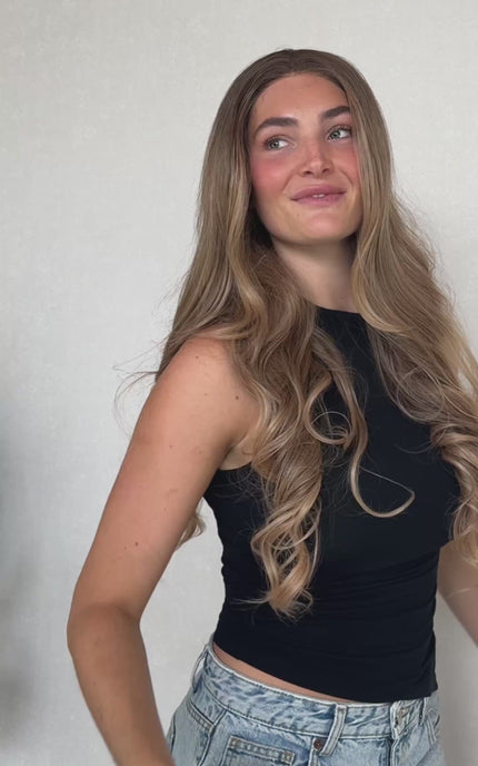 parker synthetic, heat safe fibers. long lacefront brunette ombre wig