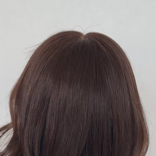 dark chestnut brunette curled, medical lace front wig australia. 18 inches.