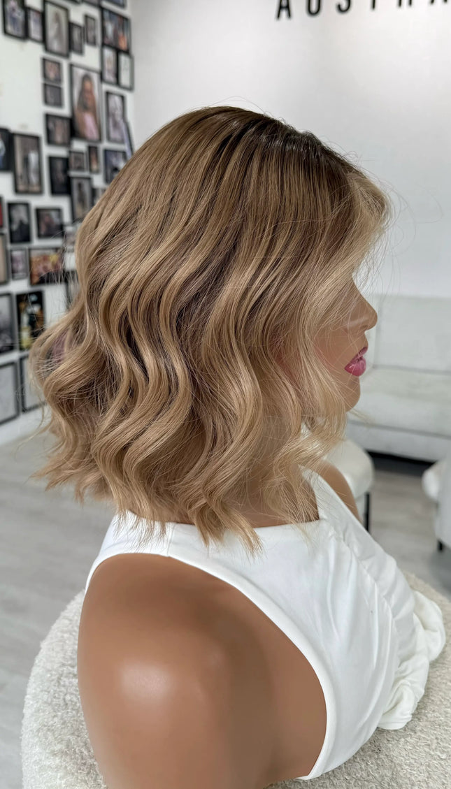 12 inch wavy hair natural blonde ombre with face framing highlight, glueless medical wig human hair