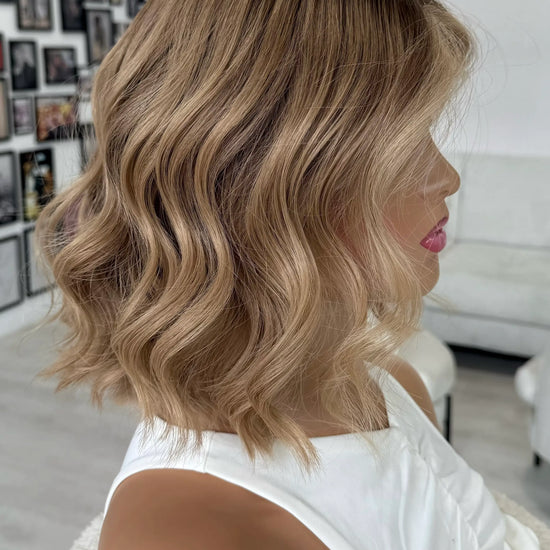 12 inch wavy hair natural blonde ombre with face framing highlight, glueless medical wig human hair