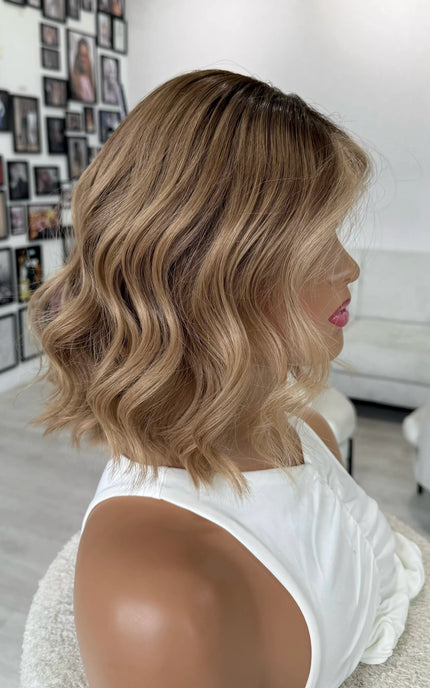 12 inch wavy hair natural blonde ombre with face framing highlight, glueless medical wig human hair