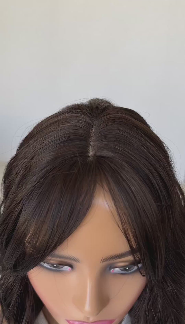 dark brunette wavy hair topper, heat safe synthetic 