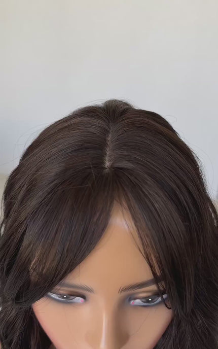 dark brunette wavy hair topper, heat safe synthetic 