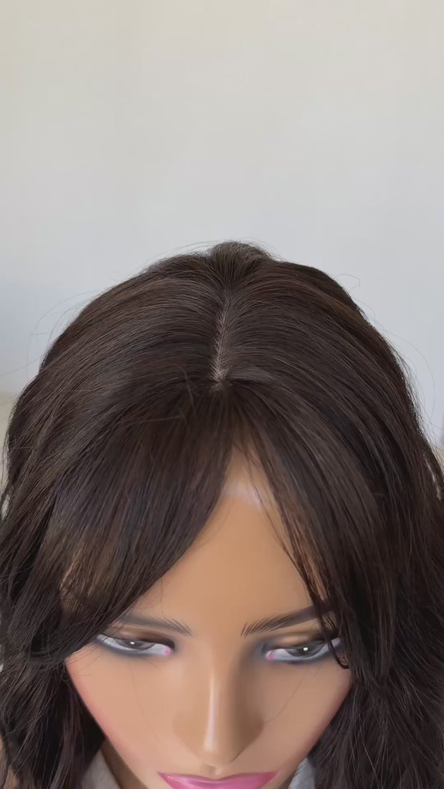 dark brunette wavy hair topper, heat safe synthetic 