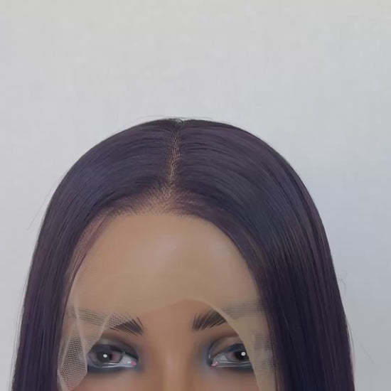 amethyst dark purple synthetic wig, heat safe straight hair.