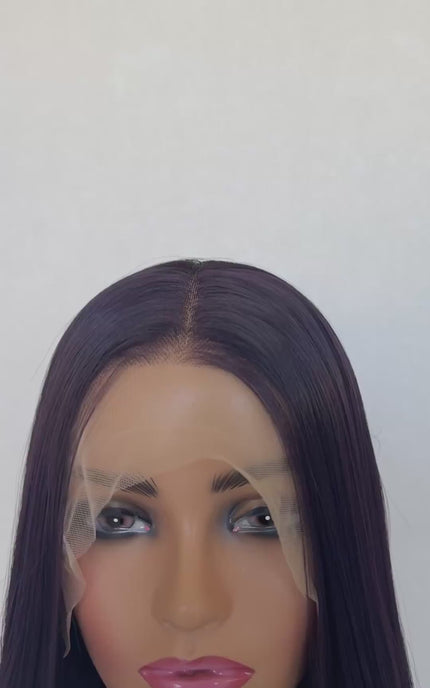 amethyst dark purple synthetic wig, heat safe straight hair.
