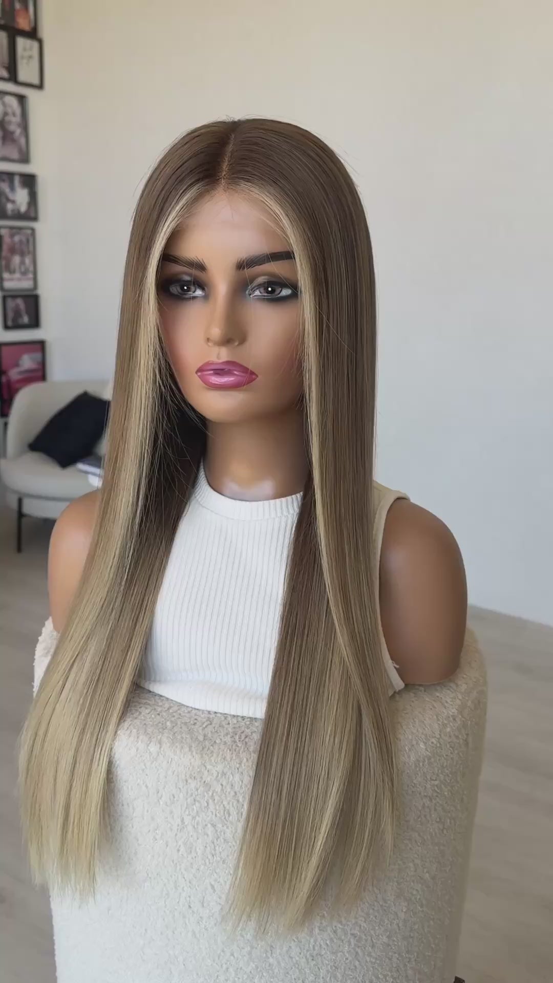 biscuit blonde lace front wig, with face framing highlights, long length hair 26 inch 