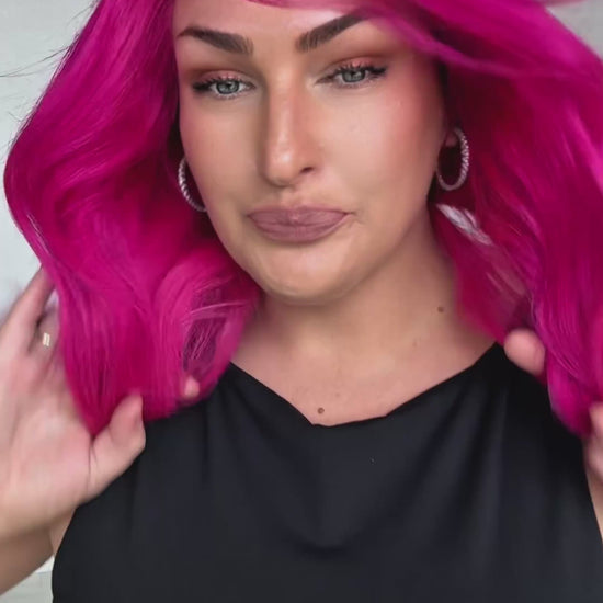 pink human hair instock, large lace, full lace front wig, layers face framing.