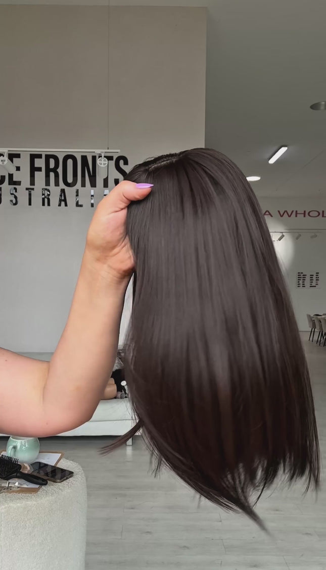 darkest brunette long bob with fringe, darkest brunette all over colour, straight heat safe hair. perfect for daily wear.