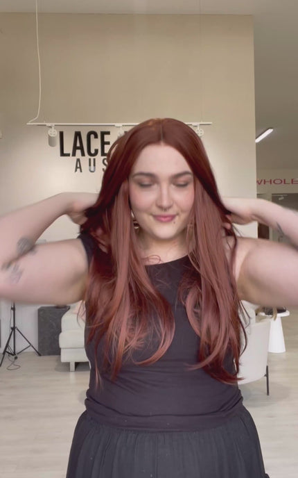 long length red synthetic hair glueless wig, made for everyday wear.