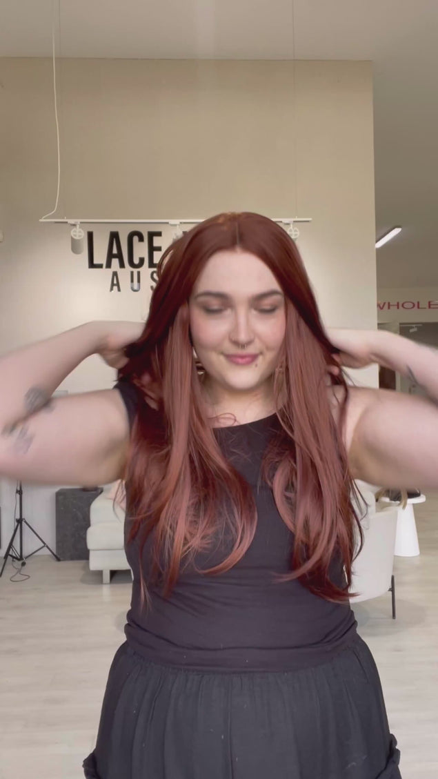 long length red synthetic hair glueless wig, made for everyday wear.