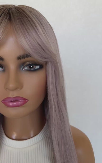 lavender fringe topper synthetic hair, heat safe topper glueless, long purple hair.