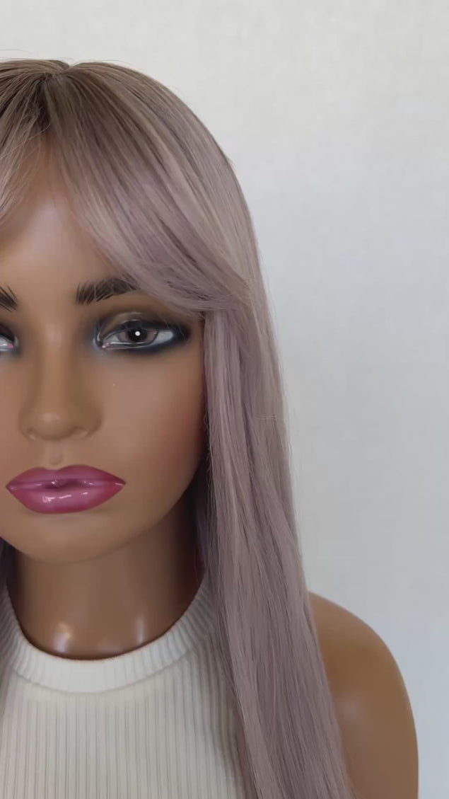 lavender fringe topper synthetic hair, heat safe topper glueless, long purple hair.