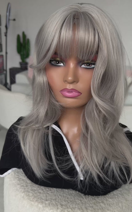 glueless silver fringe wig with layered hair and middle part, ready to wear for hairloss.