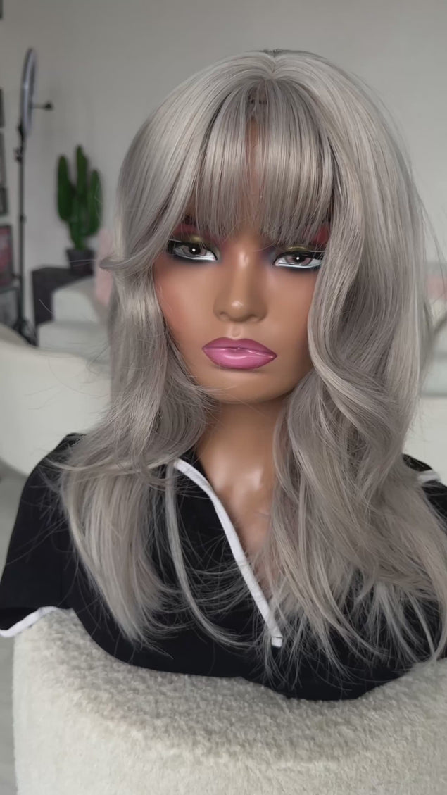 glueless silver fringe wig with layered hair and middle part, ready to wear for hairloss.