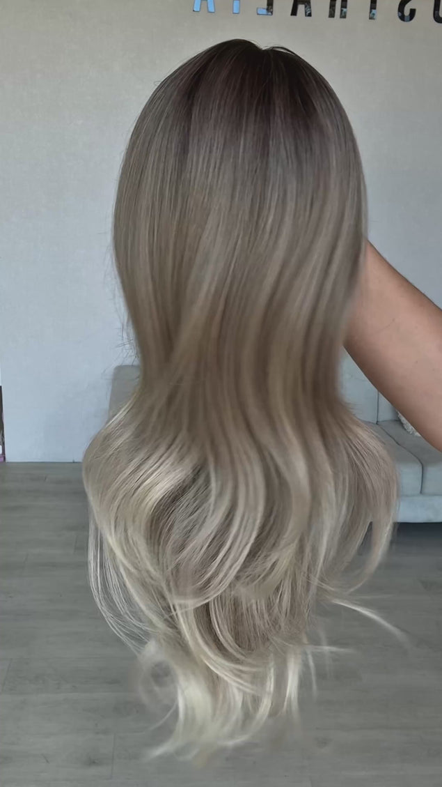 ash blonde ombre, darker ash root to light ash blonde ends, middle part with fringe, longer length hair 22 inches.