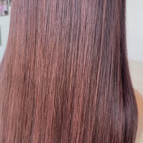 24 inches, dark brunette with burgundy highlights. brazilian remy hair, crafted in Australia.