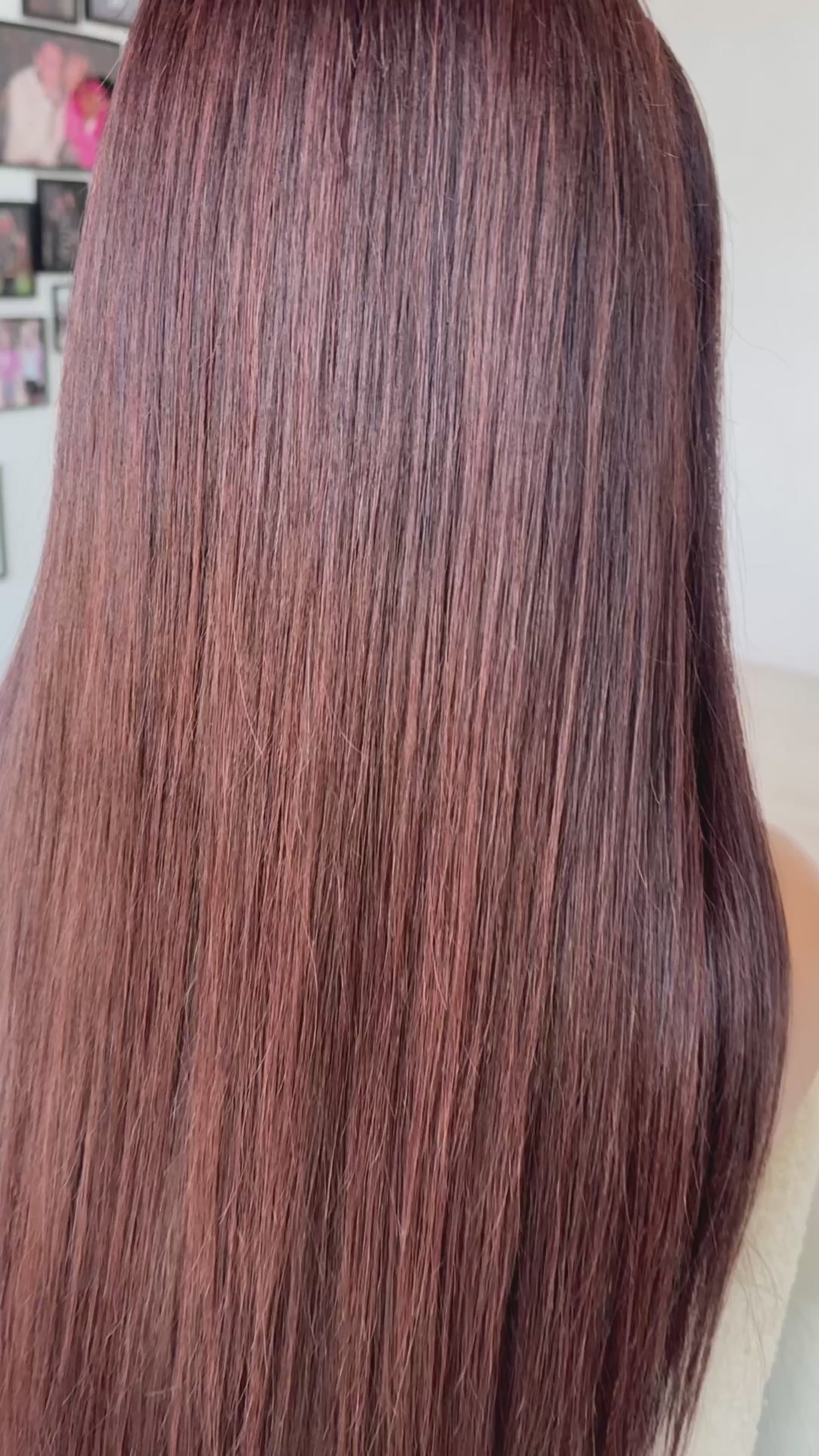 24 inches, dark brunette with burgundy highlights. brazilian remy hair, crafted in Australia.