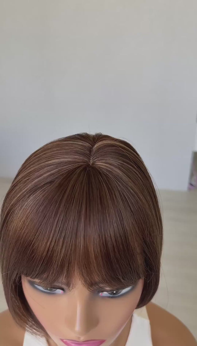 chestnut brunette fringe topper, synthetic heat safe hair.