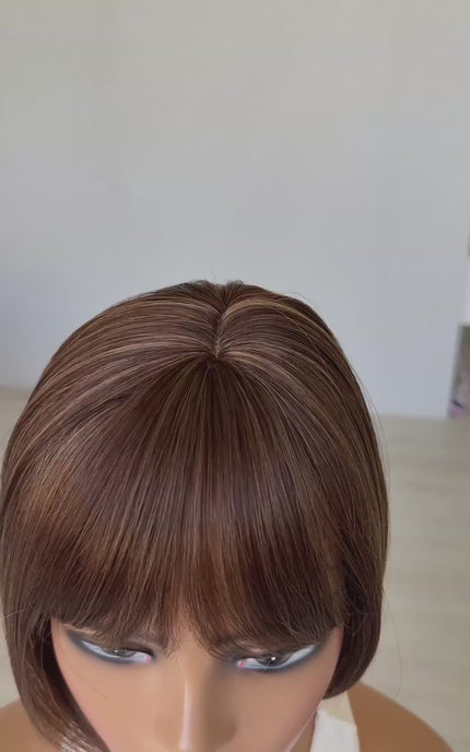 chestnut brunette fringe topper, synthetic heat safe hair.