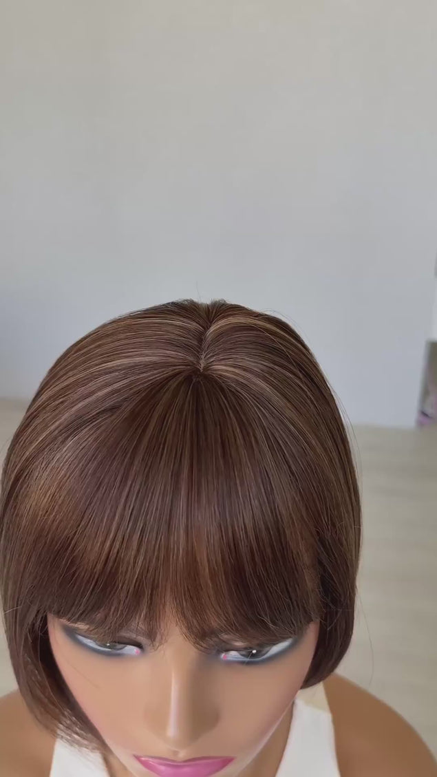chestnut brunette fringe topper, synthetic heat safe hair.