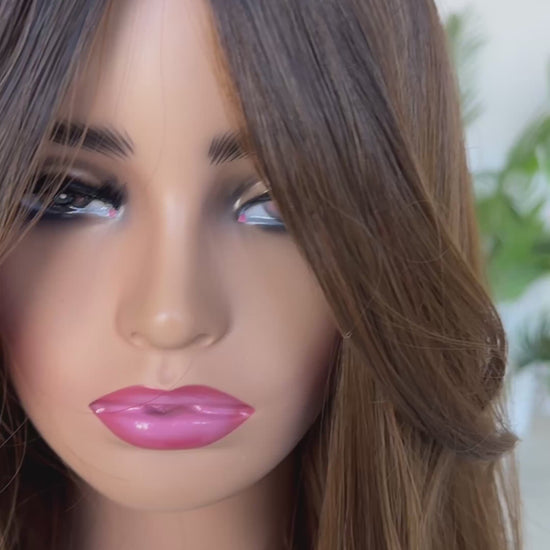 brunette ombre, middle part with curtain bangs, heat safe synthetic wigs australia.