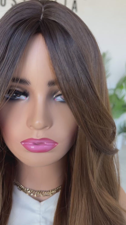 brunette ombre, middle part with curtain bangs, heat safe synthetic wigs australia.