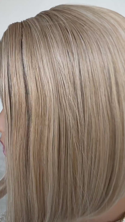 dreaming heat safe synthetic hair, no root overall light peach blonde colour, slight concave. australia synthetic blonde bob wig. lacefront.