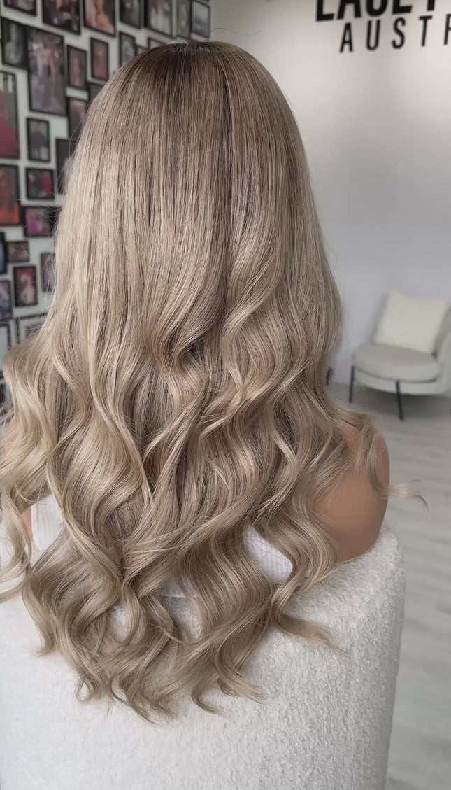 ash blonde wavy human hair lace front wig with realistic hairline and easy to wear, glueless cap.