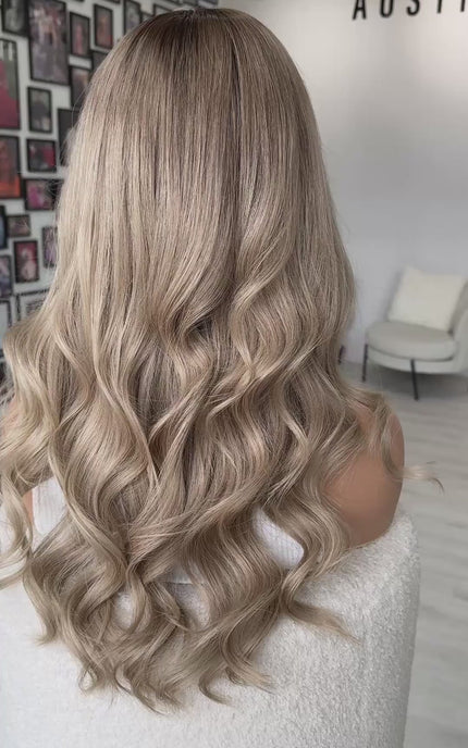ash blonde wavy human hair lace front wig with realistic hairline and easy to wear, glueless cap.