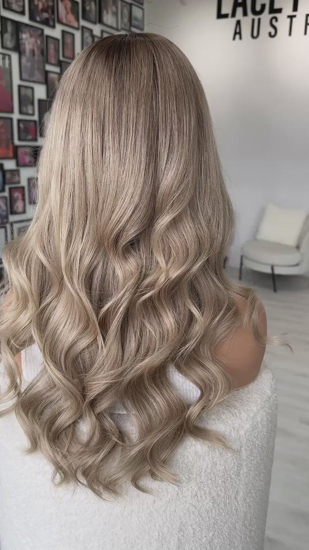 ash blonde wavy human hair lace front wig with realistic hairline and easy to wear, glueless cap.