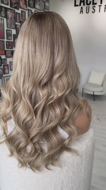 ash blonde wavy human hair lace front wig with realistic hairline and easy to wear, glueless cap.