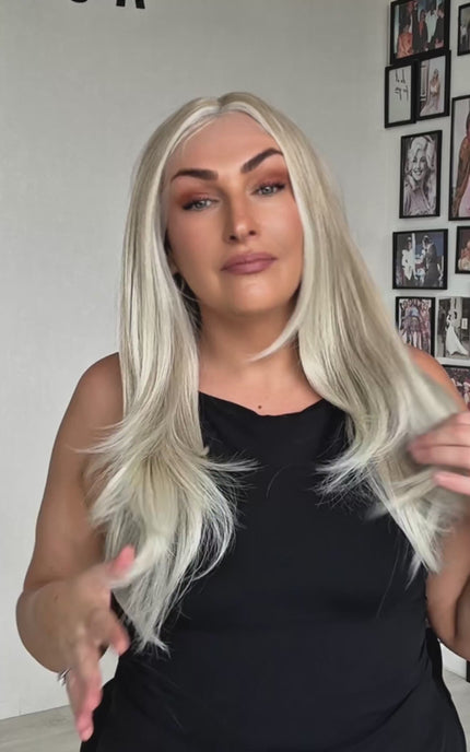 tinker creamy platinum blonde t-part lace front wig, layered hair glueless wig, synthetic heat safe hair