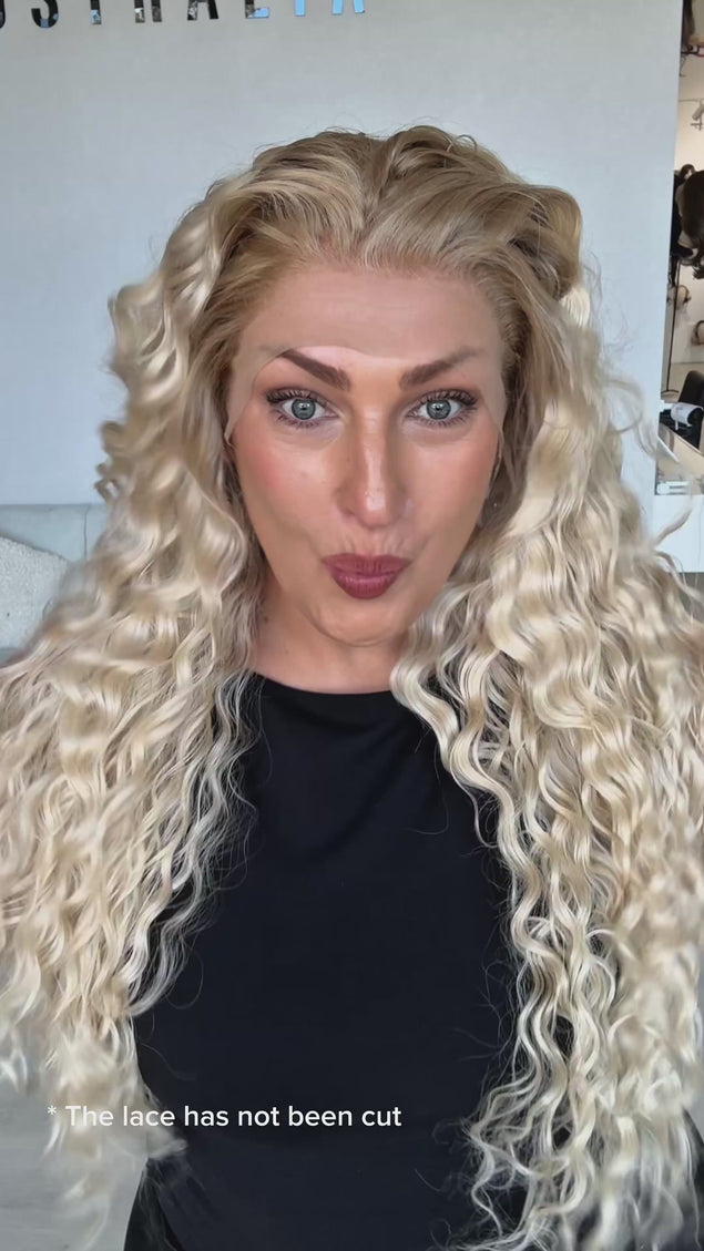 curly light blonde with sandy blonde root, creamy blonde colour, heat safe hair, with glueless cap.