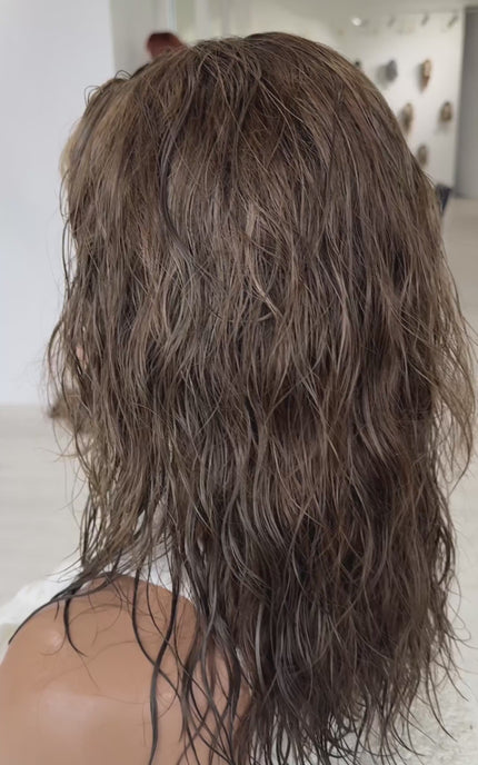 natural wavy hair brunette wig with lace front glueless cap.