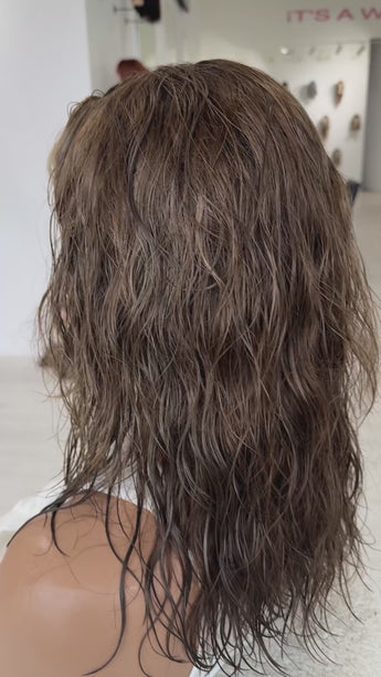 natural wavy hair brunette wig with lace front glueless cap.