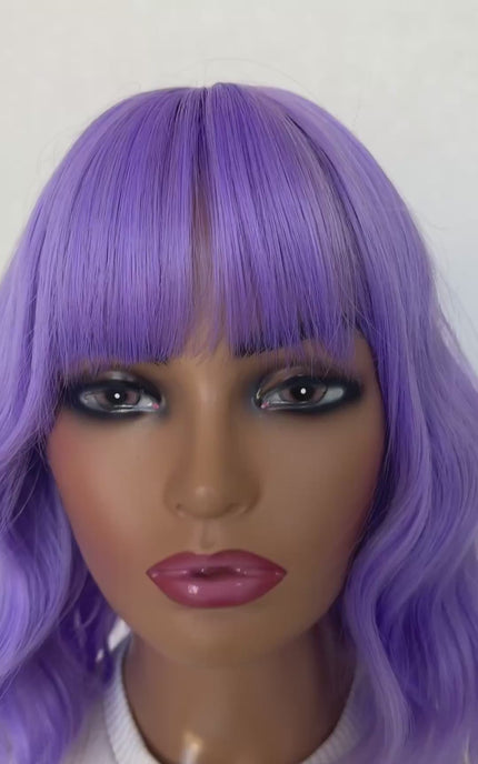 wavy purple hair wig, middle part fringe wig, heat safe synthetic hair, purple colour.