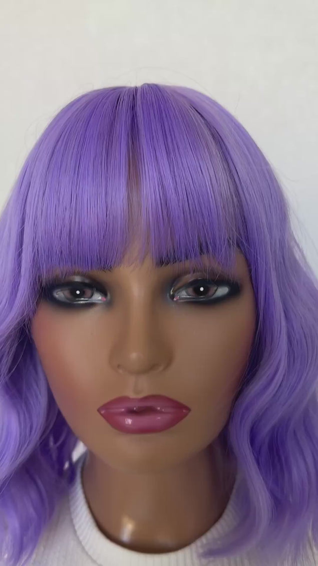wavy purple hair wig, middle part fringe wig, heat safe synthetic hair, purple colour.