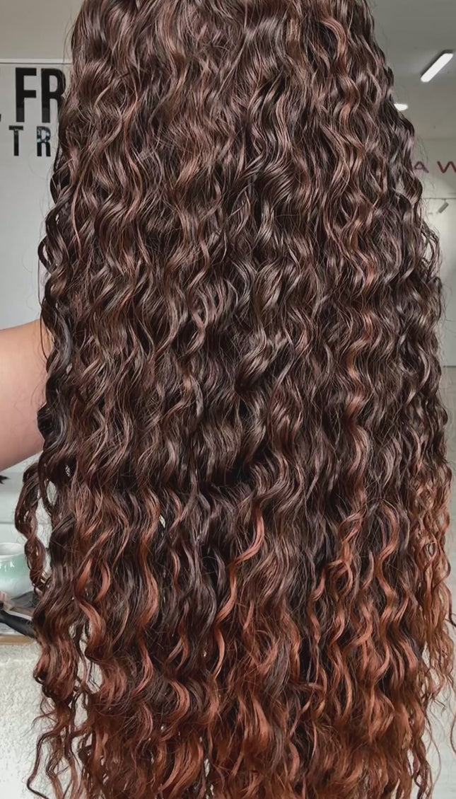 long length curly brunette hair, lighter chesnut brunette ends, heat safe synthetic hair.